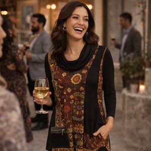 Parsley & Sage Small Artsy Lagenlook Soft Longline Vtg Floral Tunic Cowl Neck